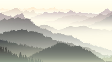 Naklejki  Pozioma ilustracja zmierzchu w leśnych wzgórzach.