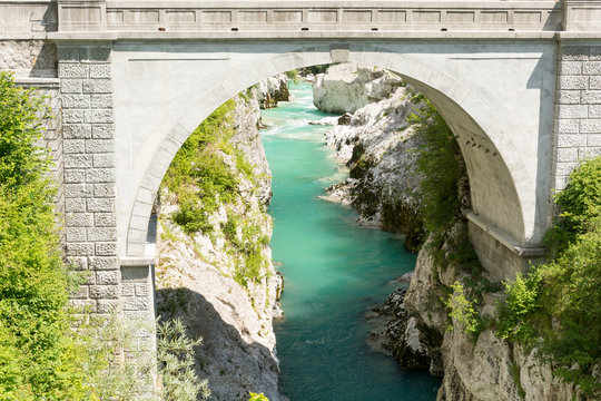 Napoleon Bridge In Kobarid And The River Soca