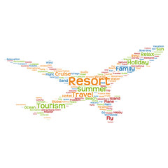 Concept or conceptual colorful plane silhouette travel tourism text word cloud