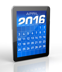 April 2016 - Tablet Calendar. Isolated on White Background.