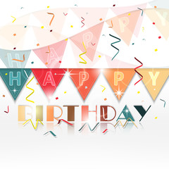 Birthday greetings vector background with confetti, flags and spiral ribbons.