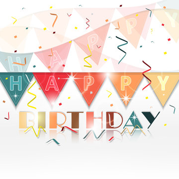 Birthday greetings vector background with confetti, flags and spiral ribbons. © ftotti1984