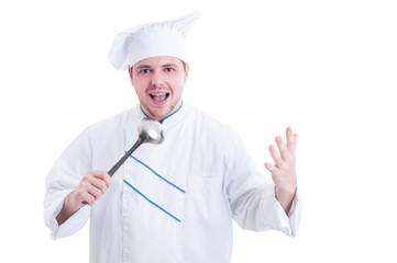 Cook or chef holding ladle and singing
