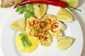 A roasted in the oven chicken breast fillet garnished with chili, ginger, coconut and lime served in a plate with mango sauce, raw vegetables on a white background. A healthy asian cuisine dish.