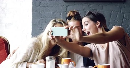 Friends taking selfie photograph self portrait in cafe