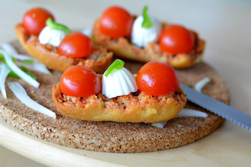 Italian bruschetta with oregano, tomato and mozzarella .Closeup.