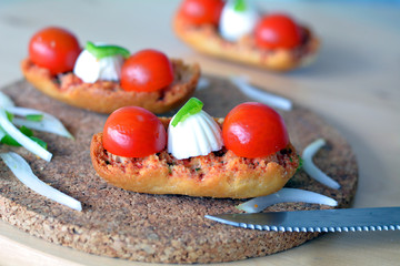Italian bruschetta with oregano, tomato and mozzarella .Closeup.