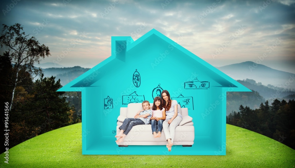 Poster Composite image of mother with their children sitting on sofa