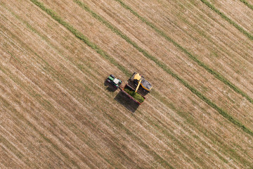 Fototapeta premium aerial view of harvest field with tractor and combine