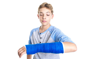 Blue cast on hand and arm isolated on white background