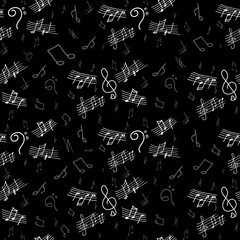 Seamless pattern of musical notes with hand drawn elements of treble clef, bass clef, notes. Vector illustration.