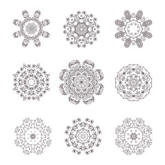 Collection of round decorative elements. Mandala. Hand drawn vector illustration. 