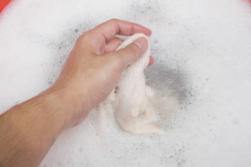 Hand washing clothes with soapy water