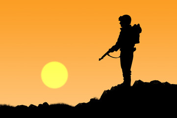 Silhouette of soldier with a gun