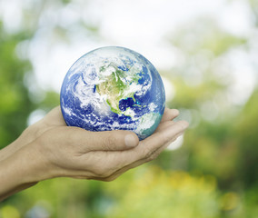 Earth in hands on green bokeh background, Elements of this image