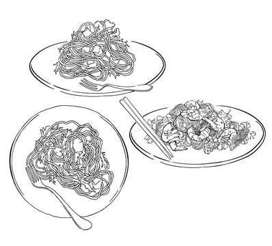 Vector sketch of spaghettii plate. Isolated on white.