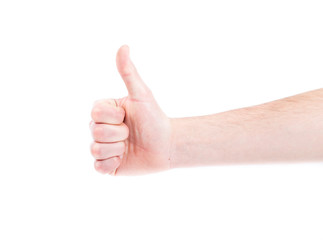 Closeup of male hand showing thumbs up sign, isolated