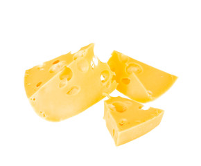 three pieces of yellow cheese with holes in isolation