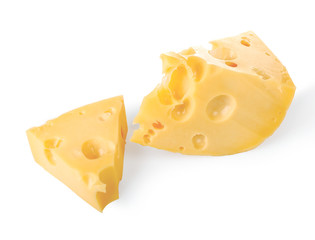 two pieces of yellow cheese with holes in isolation