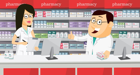 Pharmacists in pharmacy. Modern interior pharmacy and drugstore. Sale of vitamins and medications. Funny vector simple illustration.