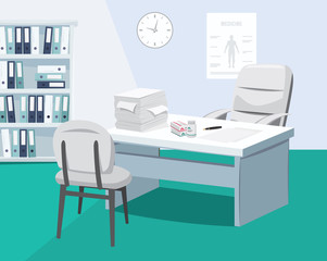 Modern interior surgery. Private medical practice. The best medical care. Doctor is on vacation. Vector simple illustration.