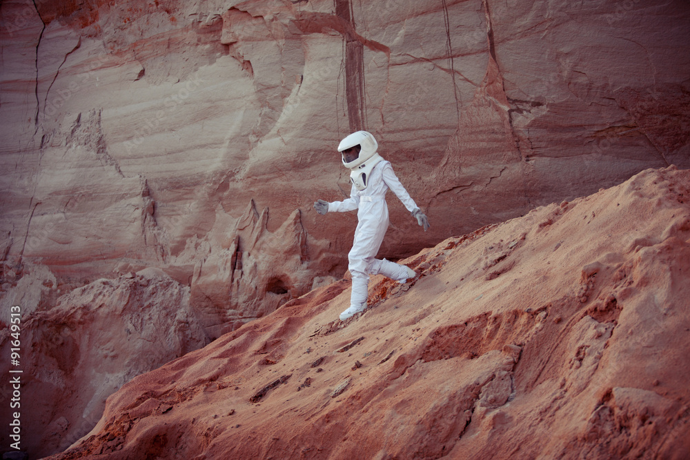 Poster futuristic astronaut on another planet, image with the effect of