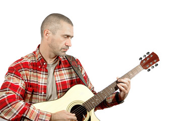 man playing guitar on a white background