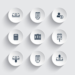 Bookkeeping, finance, payroll round icons, vector, eps10