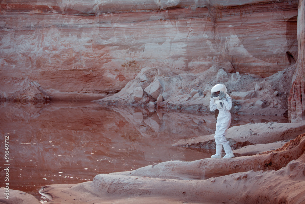 Poster futuristic astronaut on another planet, image with the effect of