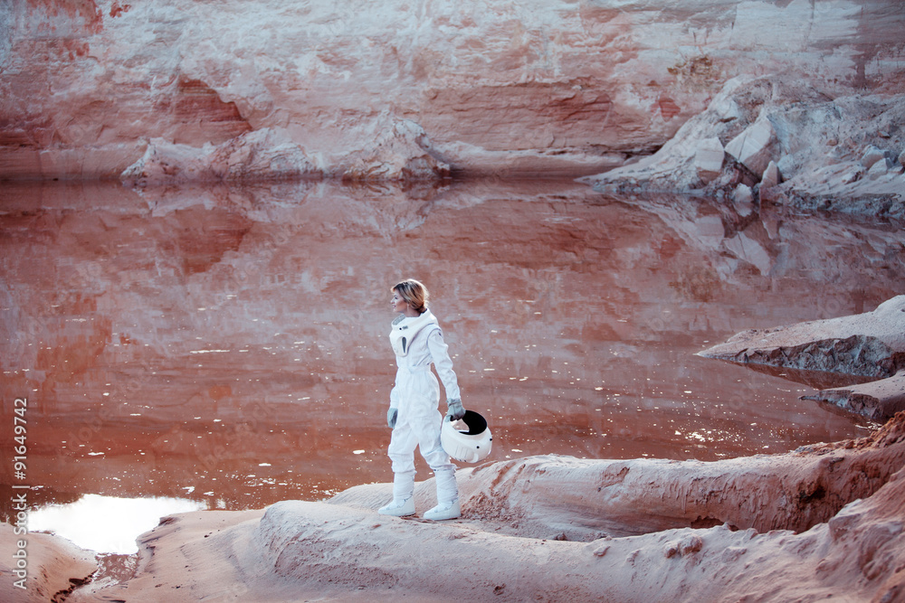 Poster futuristic astronaut on another planet, image with the effect of