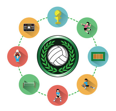 Modern flat volleyball icons set with long shadow effect