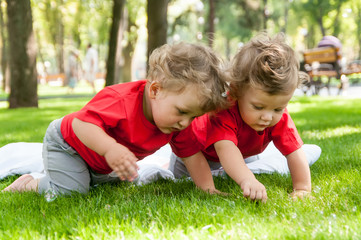 Fototapeta na wymiar children twins play on the grass with soap bubbles