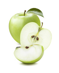 Green apple pieces vertical composition isolated on white backgr