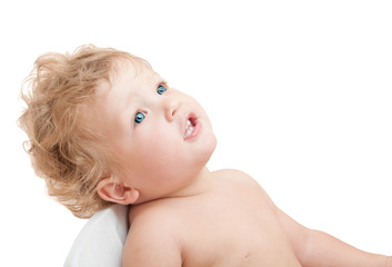 portrait of a child curly hair dreamy look up on white backgroun