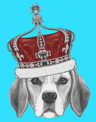 Portrait of Beagle Dog with crown. Hand drawn illustration.
