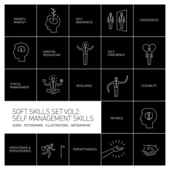 Self management soft skills vector linear icons and pictograms