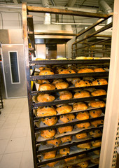 Rack with fresh loaves of bread from oven
