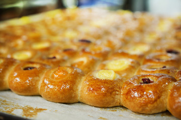 Closeup fresh buns from oven