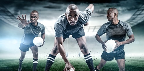 Composite image of rugby player with ball running