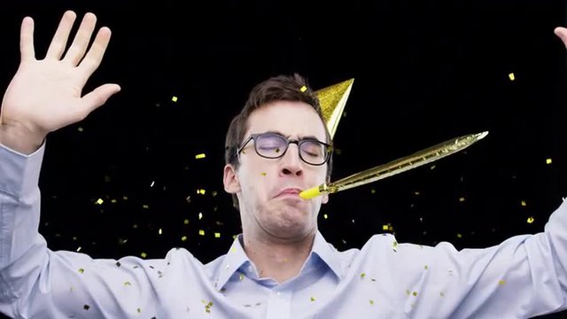 Nerd guy wearing party hat dancing slow motion party photo booth 