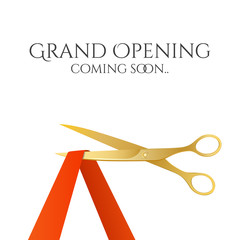 Grand opening invitation with gold scissors and red ribbon. Vector