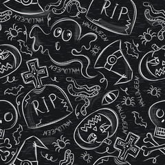 Seamless Pattern with Halloween objects on blackboard