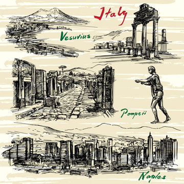 Italy- Naples, Pompeii - hand drawn set