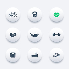fitness, health, gym icons on circles with shadow, vector illustration