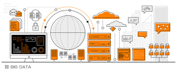 big data concept, cloud computing info graphic business line icon - flat design vector