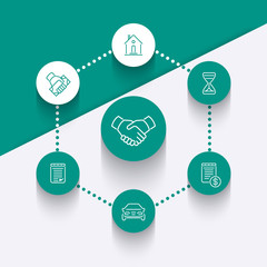 Leasing, banking, loan, lending, line round icons in white and teal