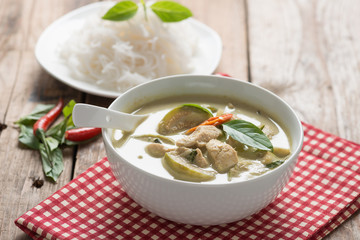 Green curry chicken with thai rice vermicelli , Thai cuisine.