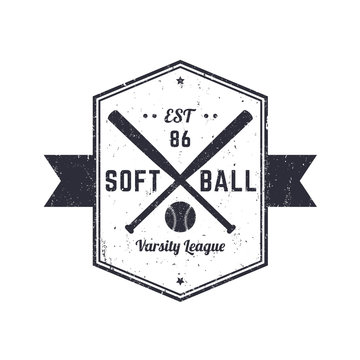 Softball vintage grunge emblem, logo, t-shirt design, print, vector illustration