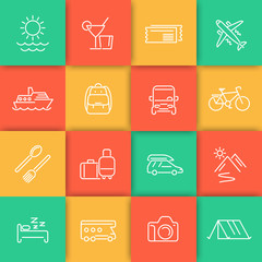 Travel, tourism, cruise, vacation line icons set