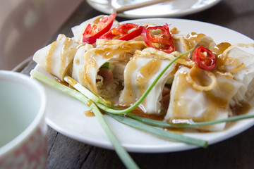 Fresh spring rolls with sauce on white plate,Thai food